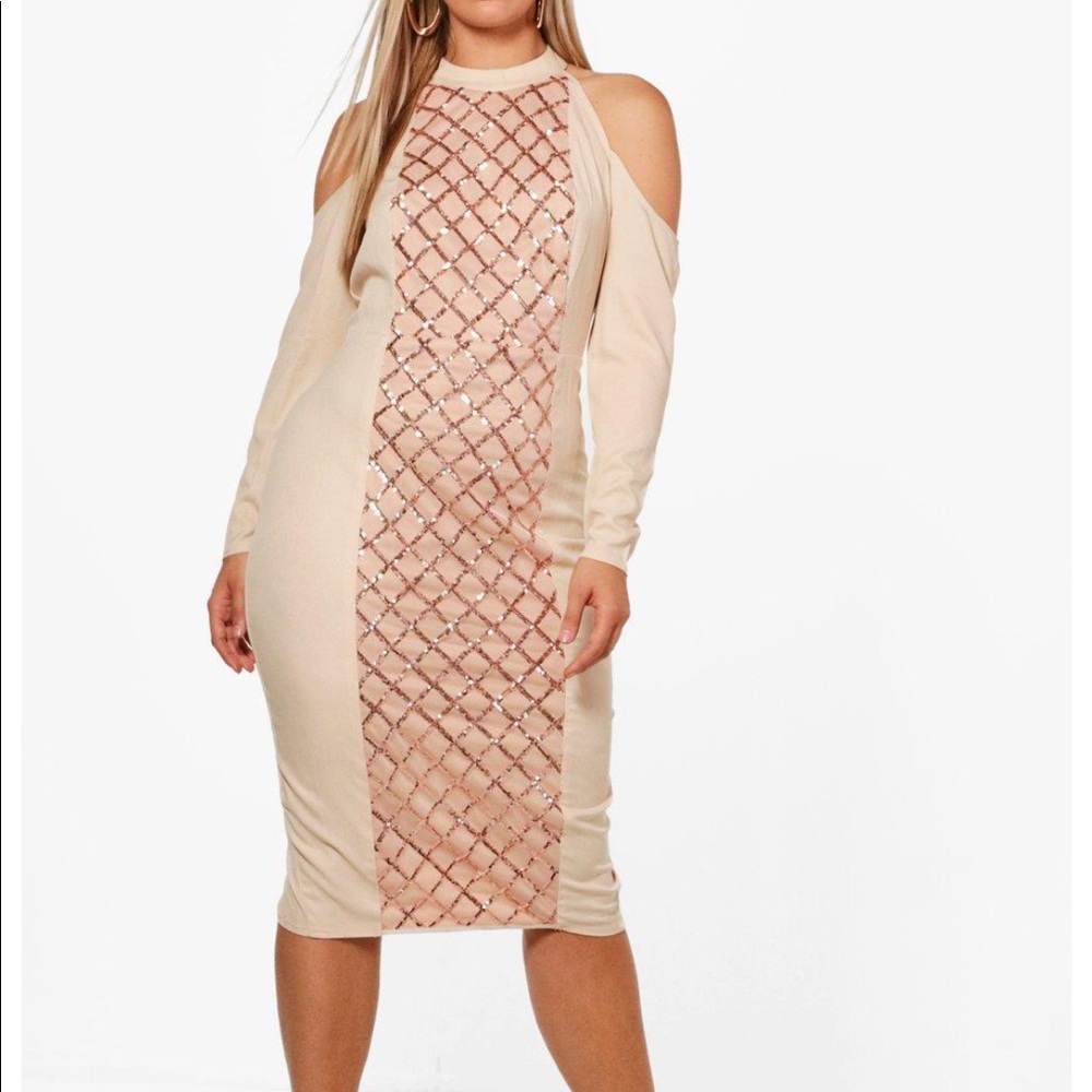 Plus Emma panelled sequin cold shoulder midi dress